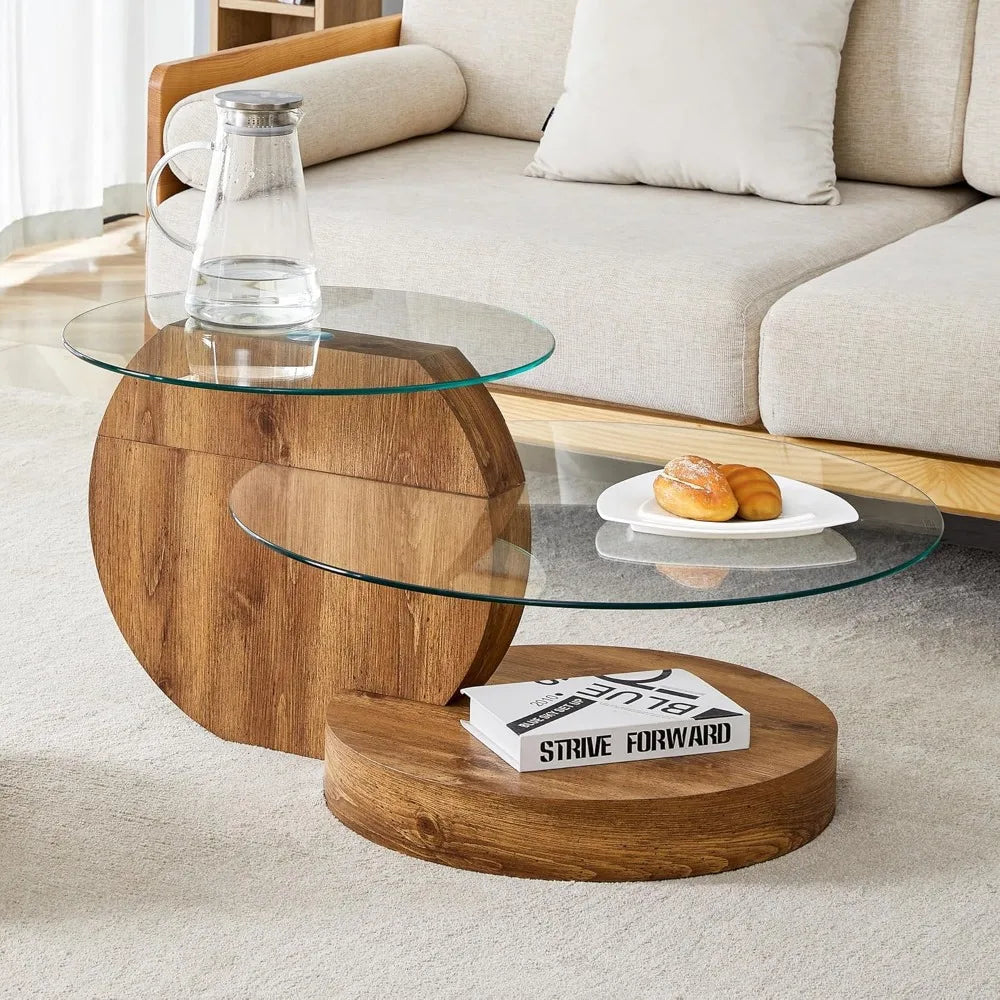 Round Glass Coffee Table Wooden Base Mid Century Modern