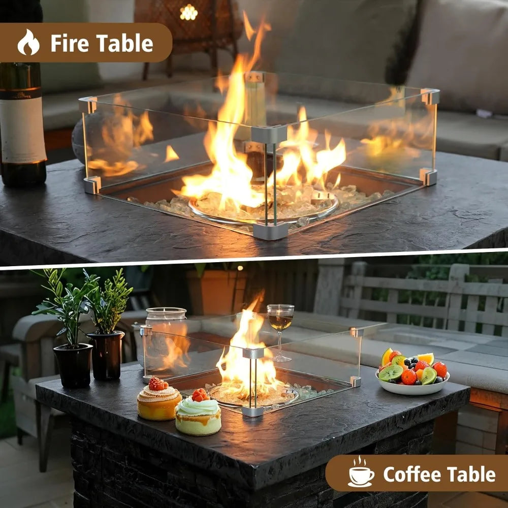 4 Piece Propane Fire Pit Table Set Glass Wind Guard 32 Inch