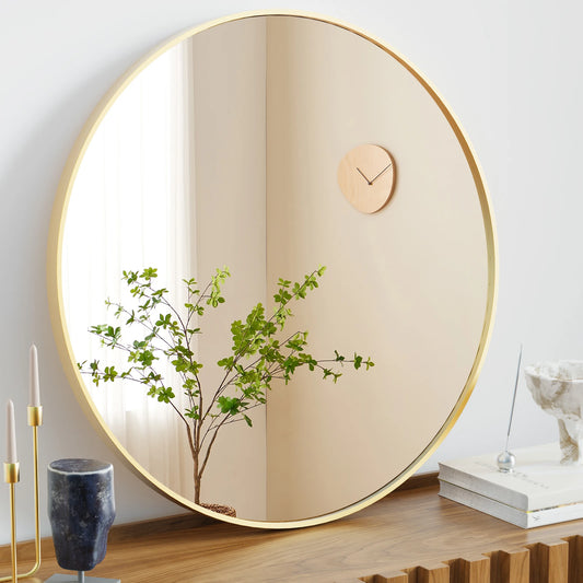 Large Gold Round Mirror for Wall with Modern Style and Shatterproof Glass