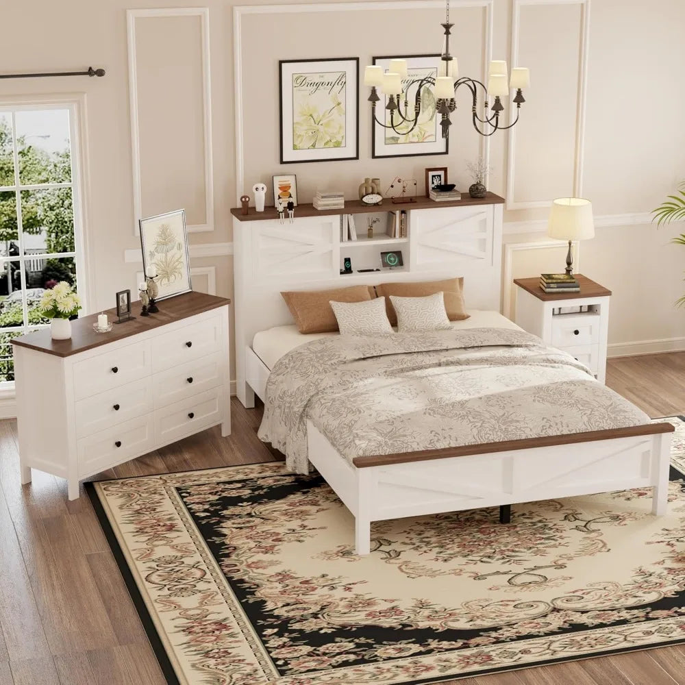 Farmhouse 3 Piece Queen Platform Bed Sliding Door Storage