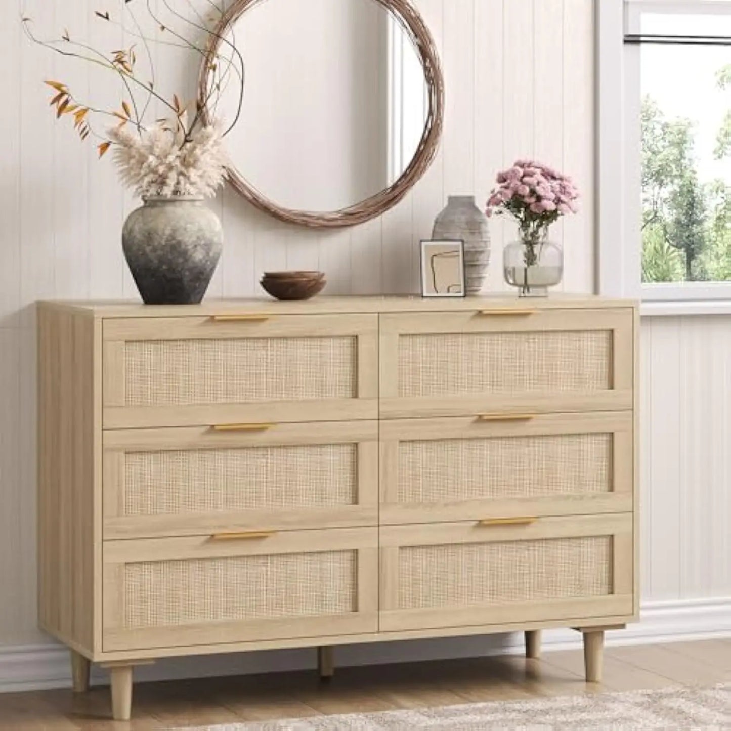 Rattan Dresser 6 Drawer Boho Farmhouse Chest of Drawers