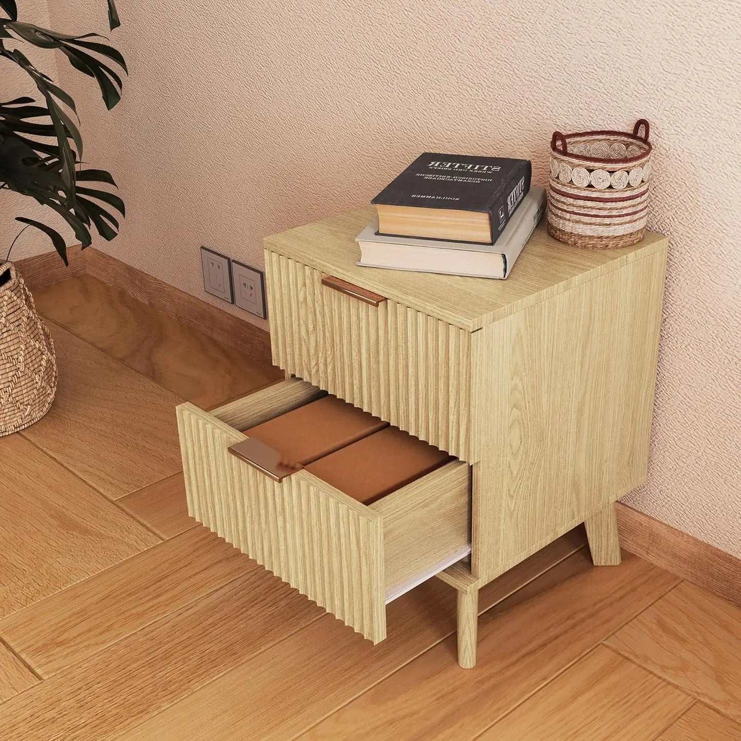 Fluted Nightstand Mid Century Modern Drawer Dresser Bedroom