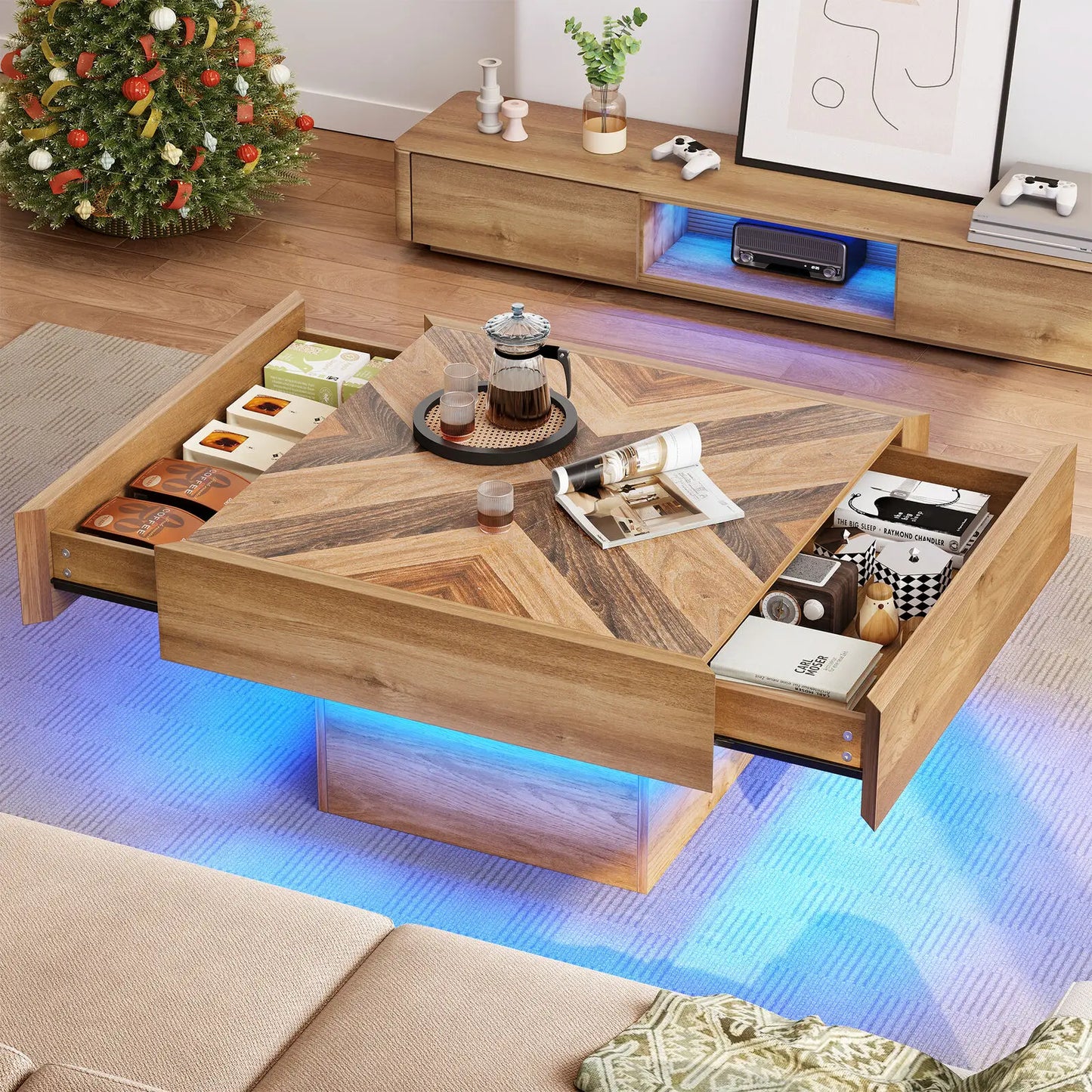 Square LED Coffee Table With 2 Drawers Modern Living Room