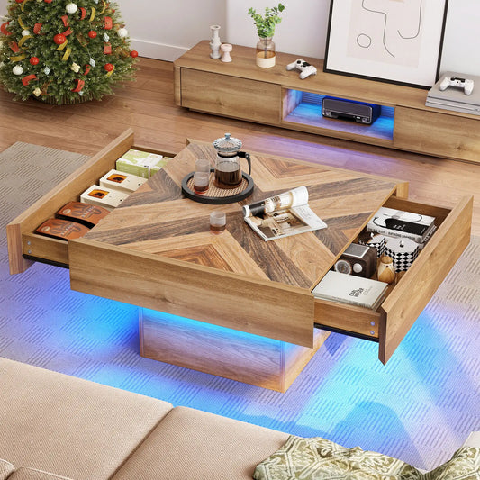 Square LED Coffee Table With 2 Drawers Modern Living Room