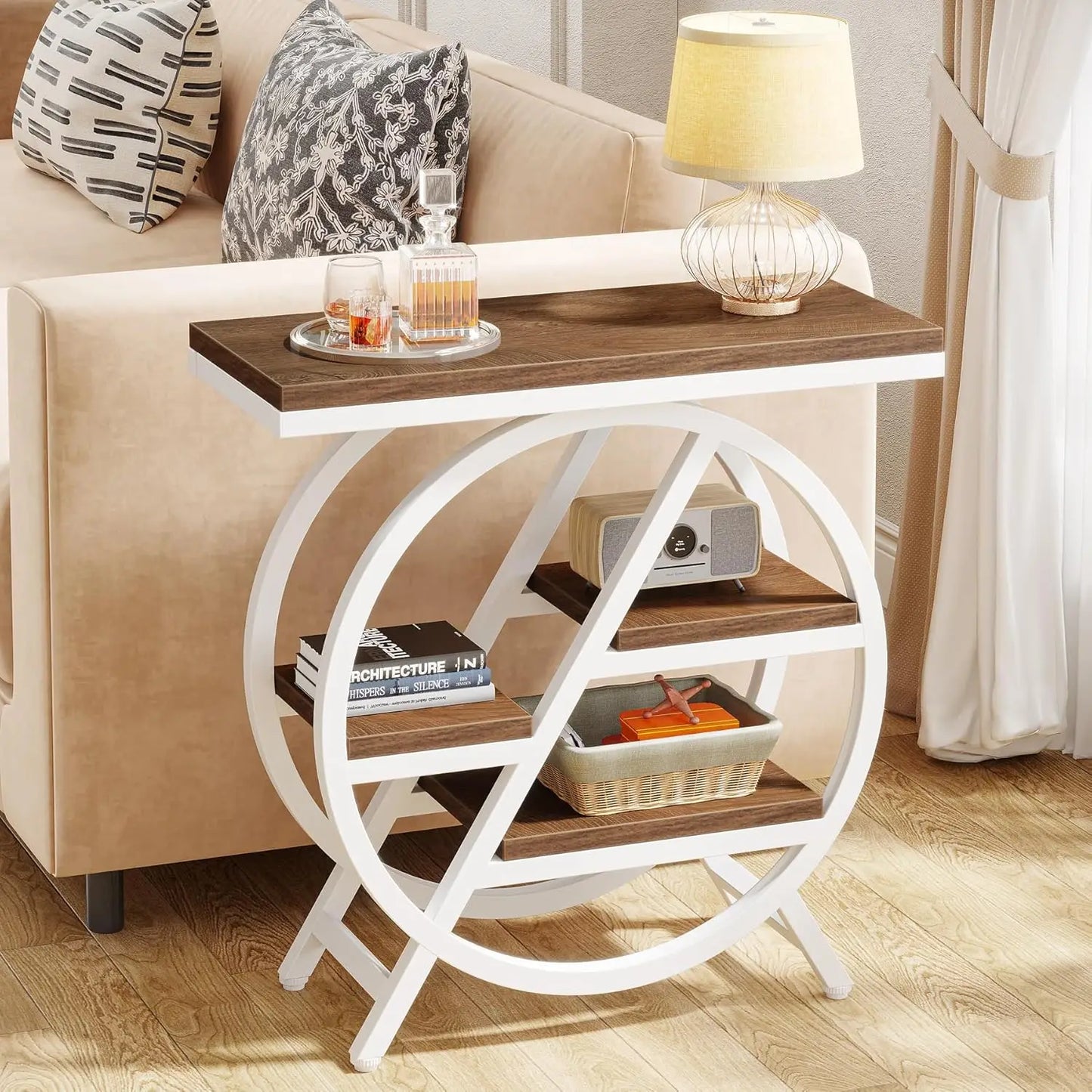 3 Tier Faux Marble End Table With Storage For Living Room