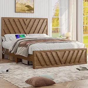 Full Bed With Adjustable Headboard Farmhouse Platform Bed LED Light