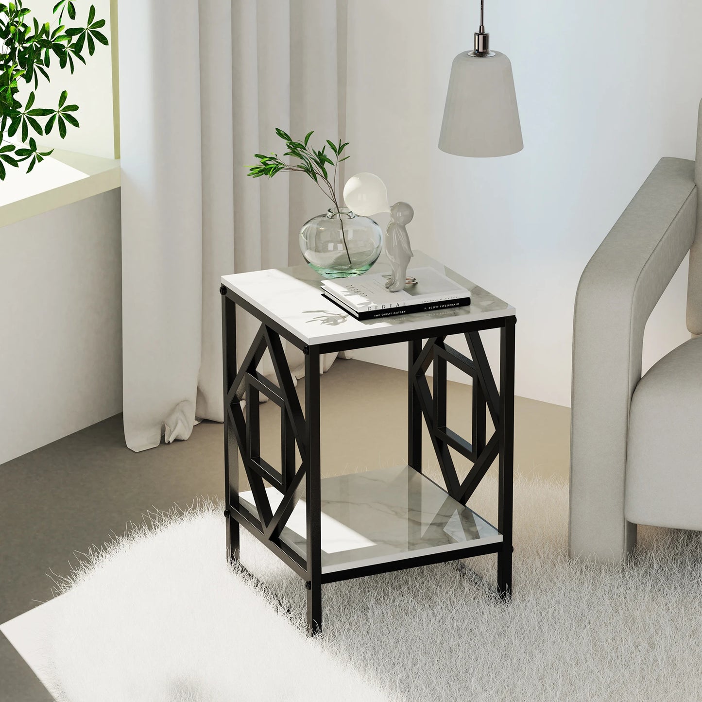 White Marble Top Side Table Sofa End Table With Black Frame