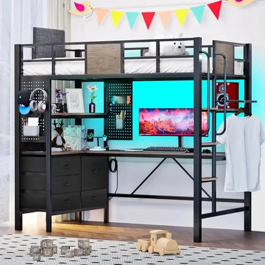 Twin Loft Bed With L Shaped Desk And LED Lights Storage