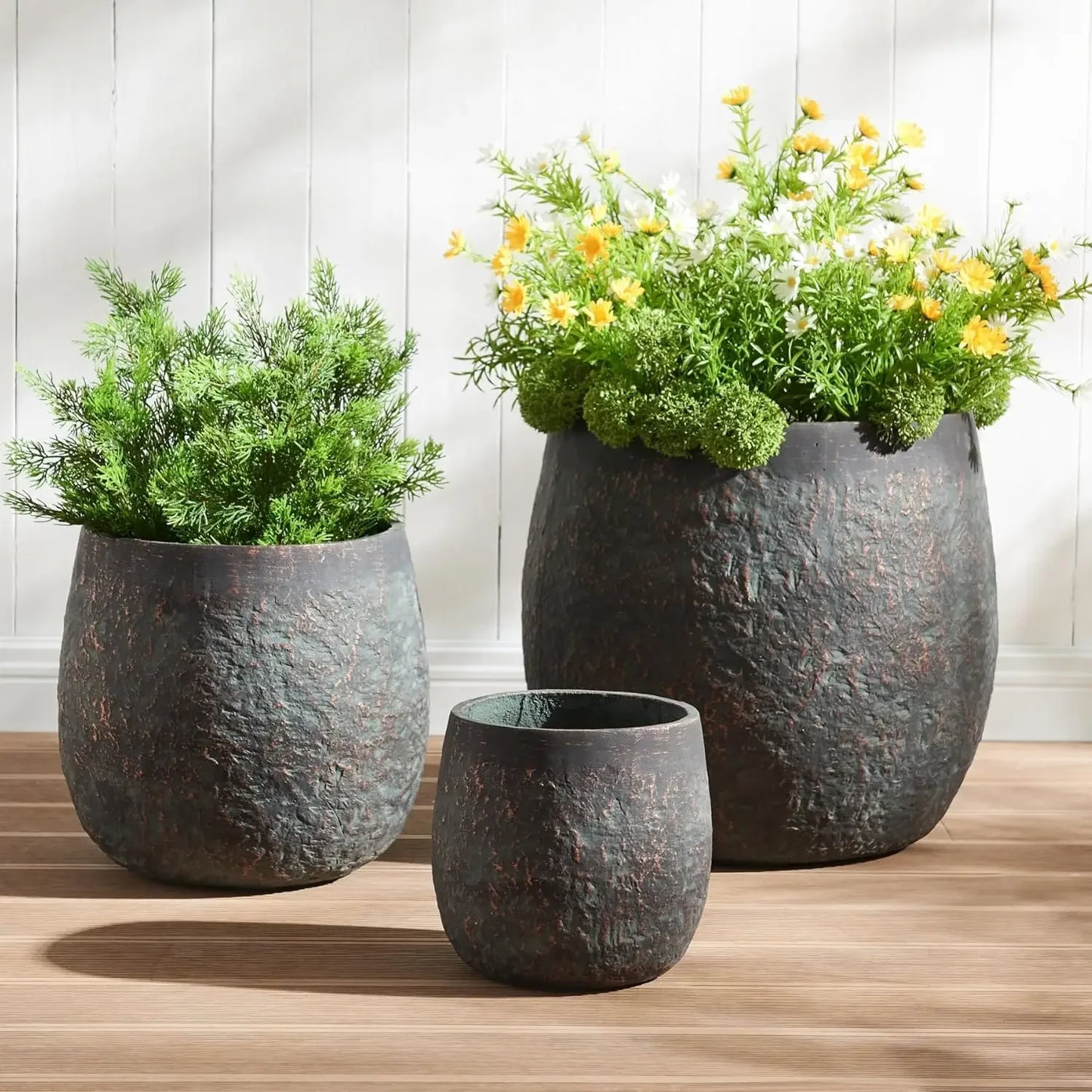 Large Outdoor Round Concrete Planters Set Of 3 For Patio