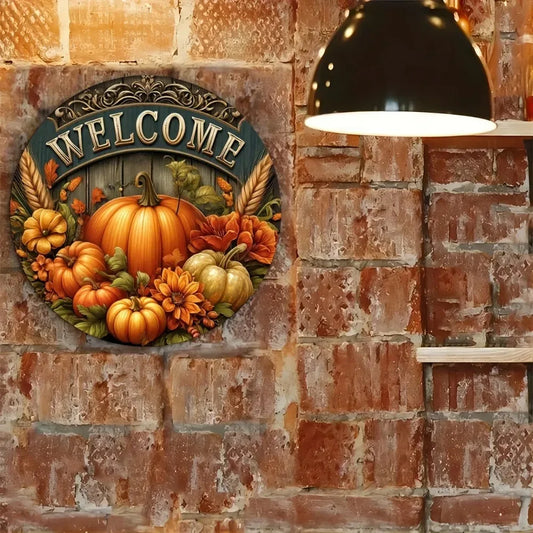 Tin Painting 8 Inch Round Metal Sign Welcome Fall Harvest