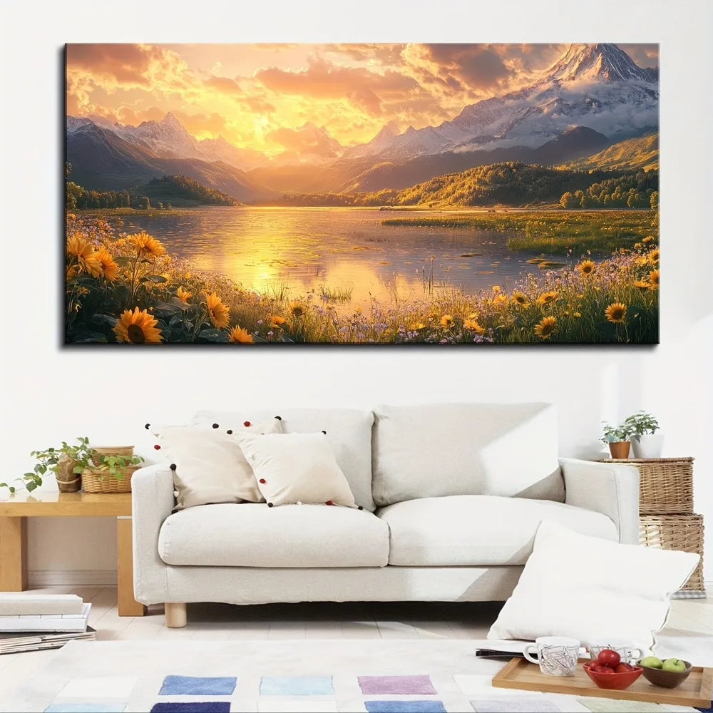 Pine Solid Wood Frame Mountain Landscape Mural Sunrise