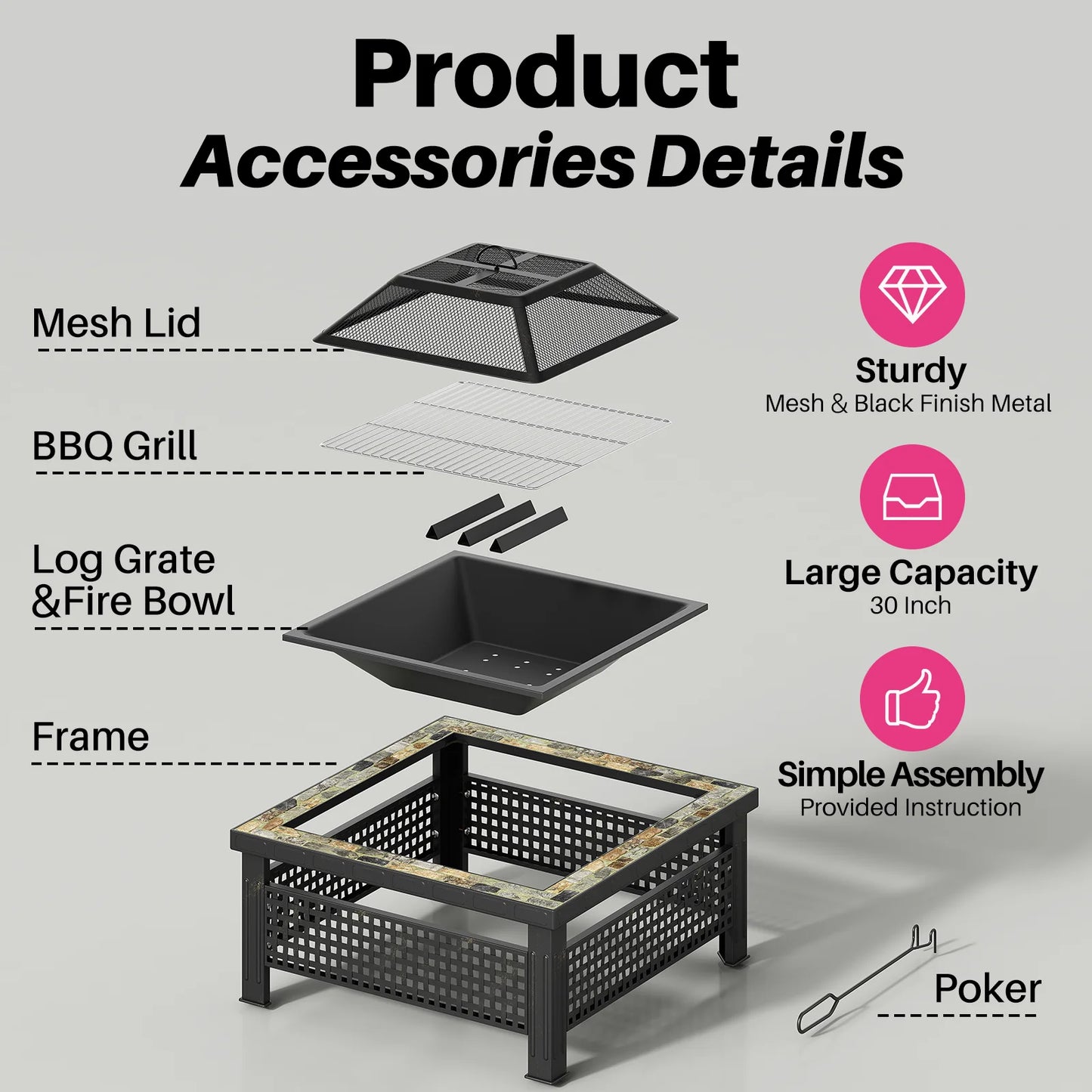 30 Inch Square Fire Pit Table for Patio Warmth and BBQ