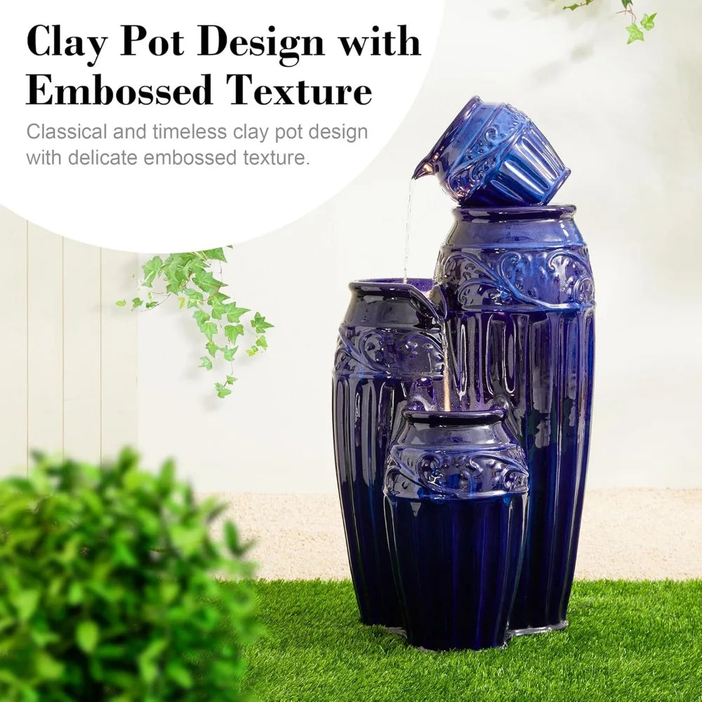35.5 Inch Cobalt Blue Outdoor Water Fountain LED Lights