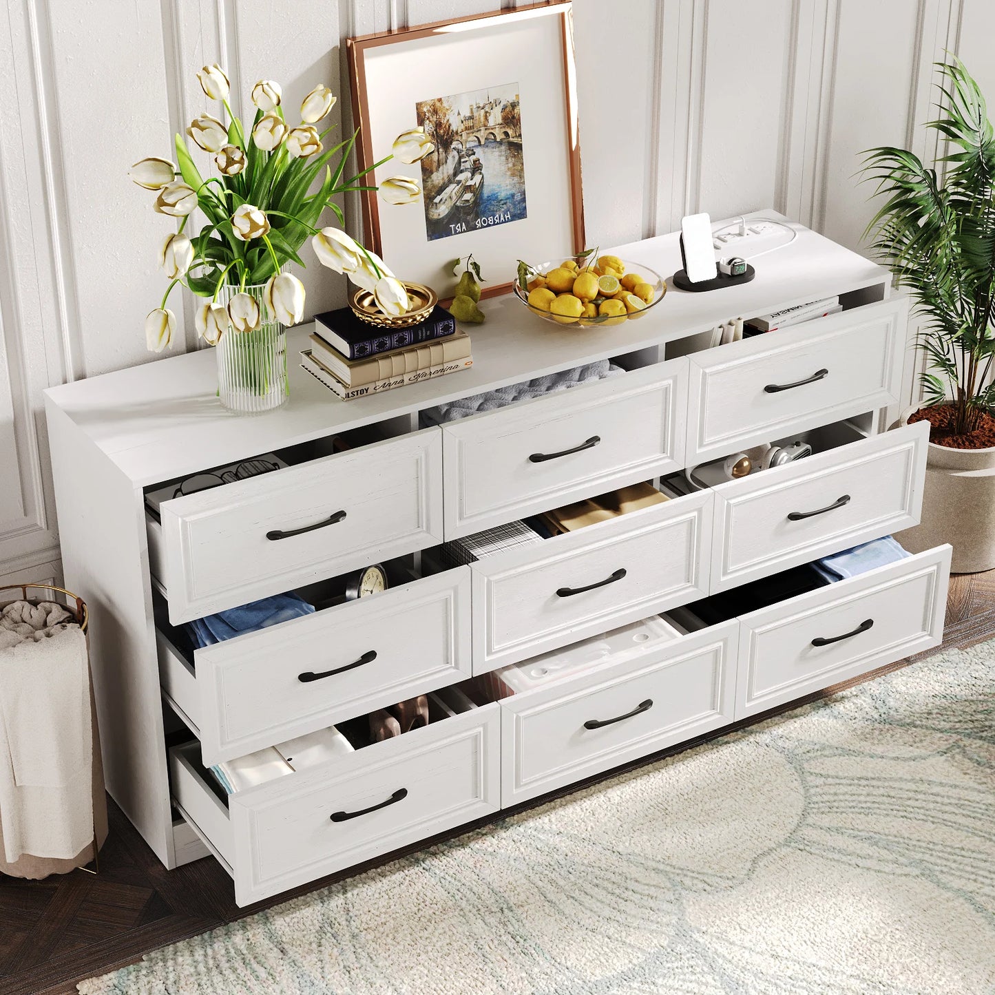 Vabches Wood Dresser For Bedroom 9 Drawers Power Outlet
