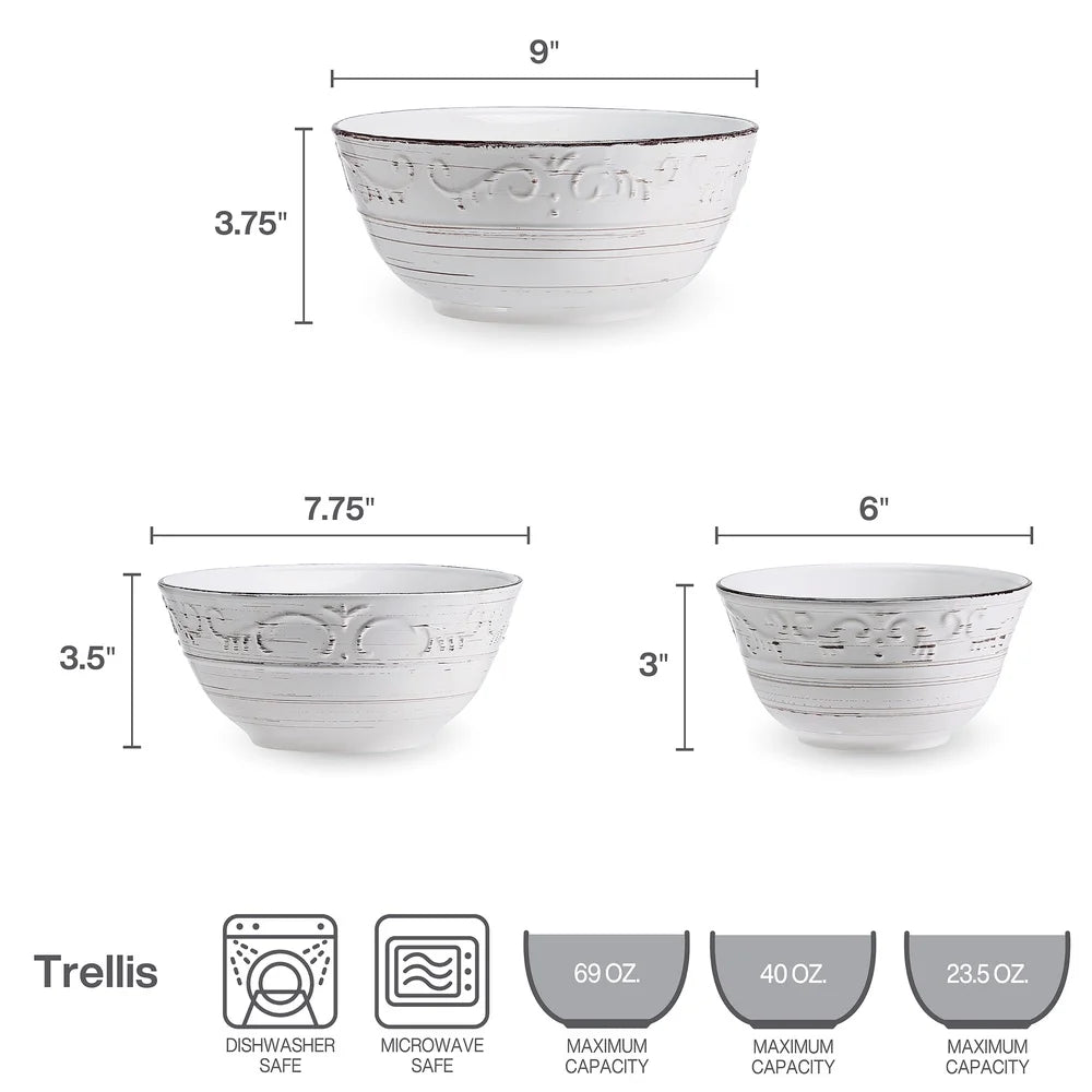 Trellis Stoneware Serving Bowls Set 3 Microwave Safe