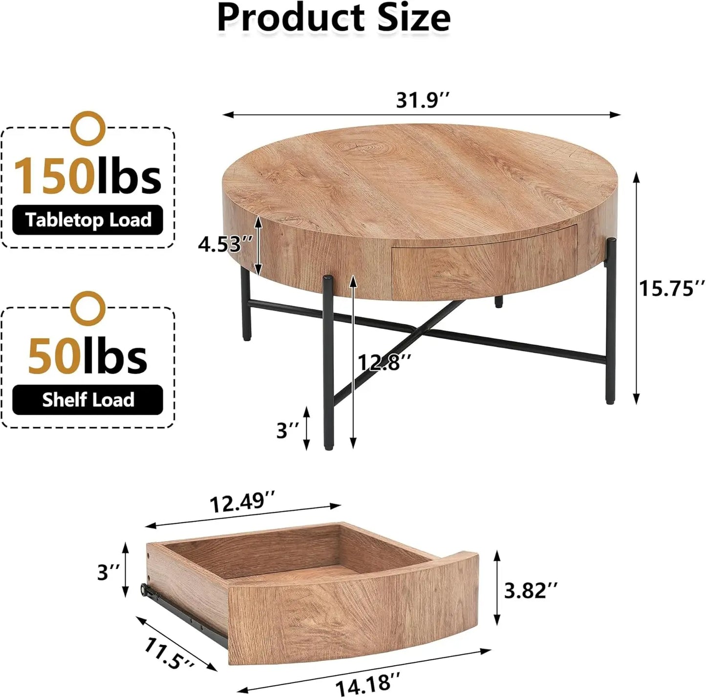 Round Coffee Table With Two Drawers Storage Farmhouse Wood