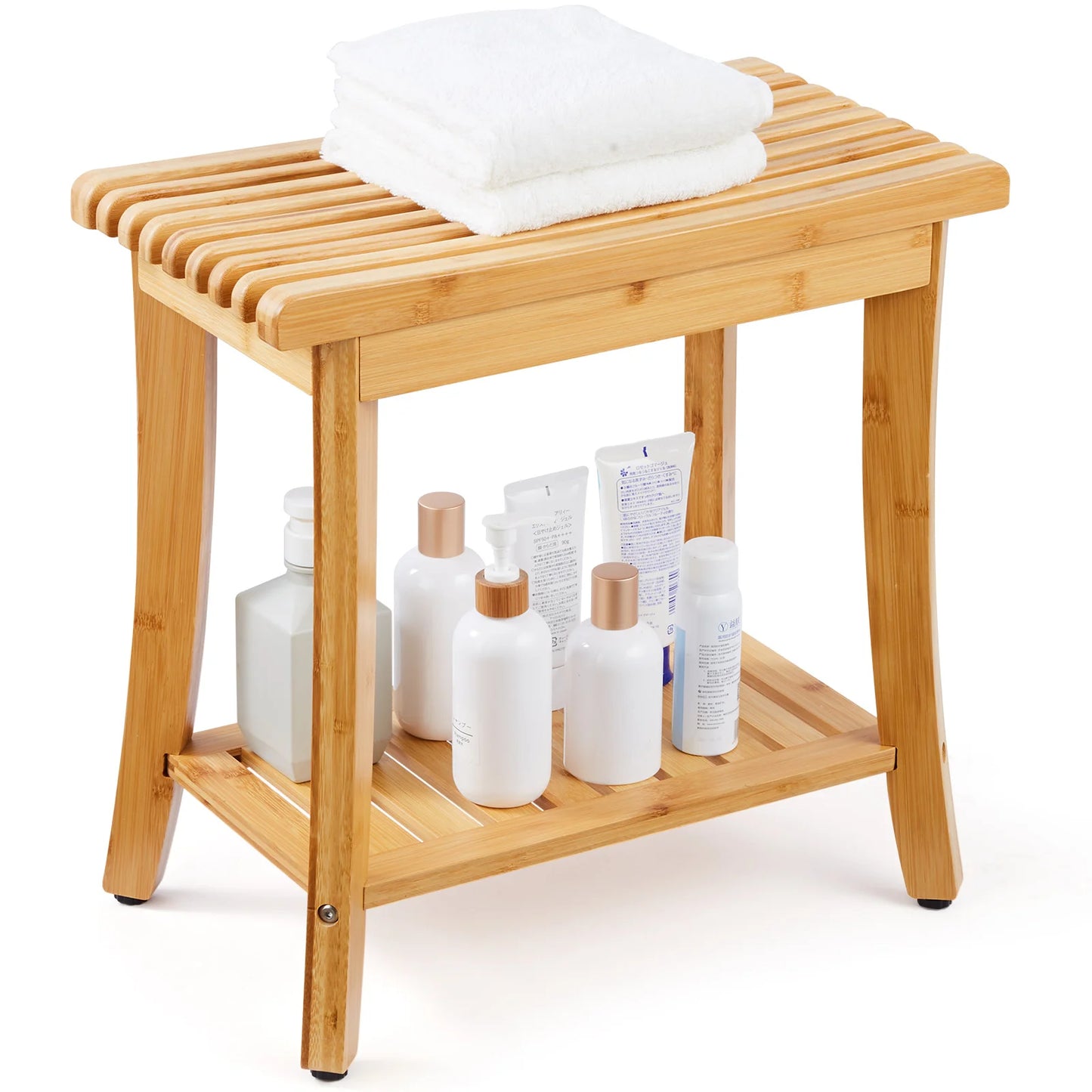 SucceBuy Bamboo Shower Bench With Storage Shelf 330lbs Load Capacity