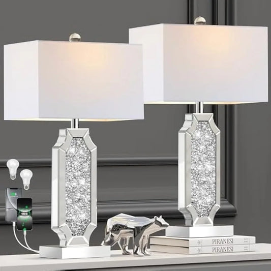 3 Way Dimmable Touch Diamond Crushed Bedside Table Lamps Set of 2