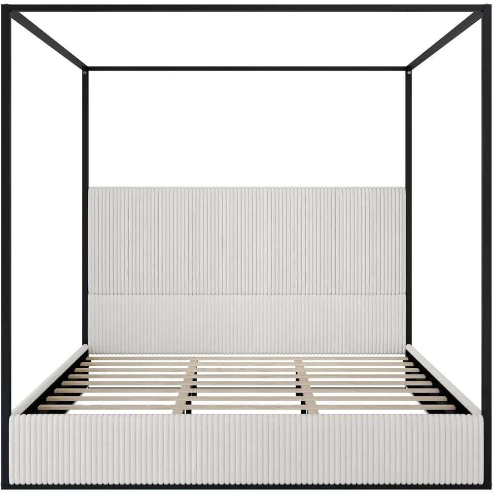 Linique King Size Metal Canopy Bed Velvet Headboard White
