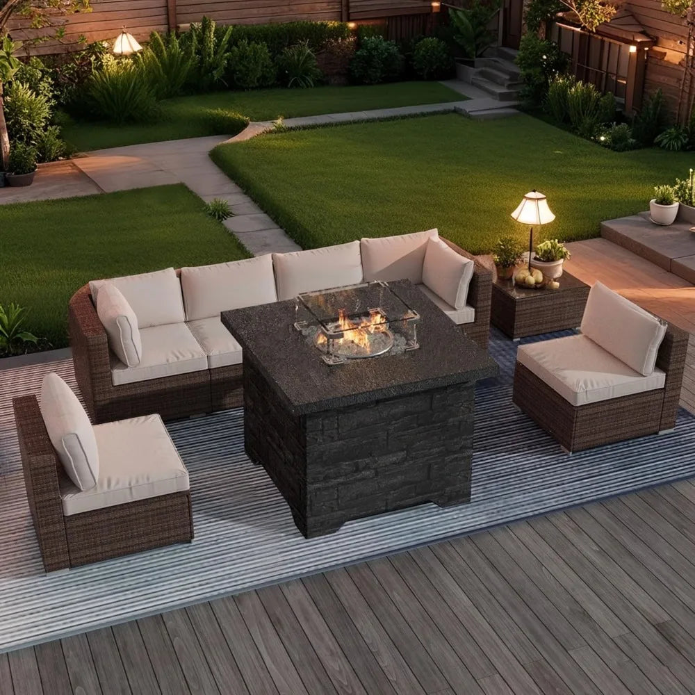 4 Piece Propane Fire Pit Table Set Glass Wind Guard 32 Inch