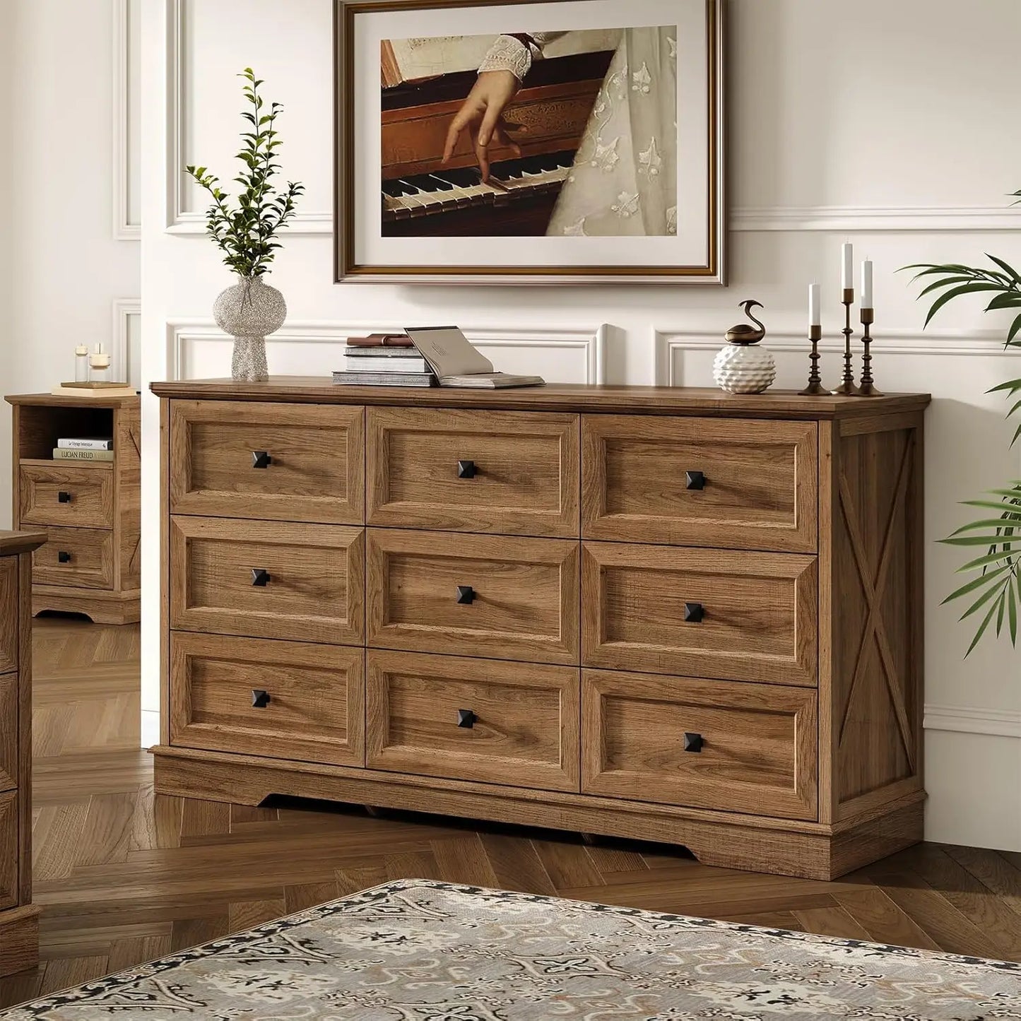 Farmhouse 9 Drawer Dresser 59 Inch Wide Bedroom Storage