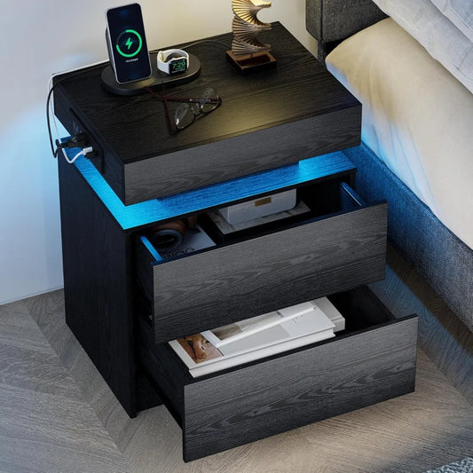 Modern Black Nightstand With Charging Station And Drawers