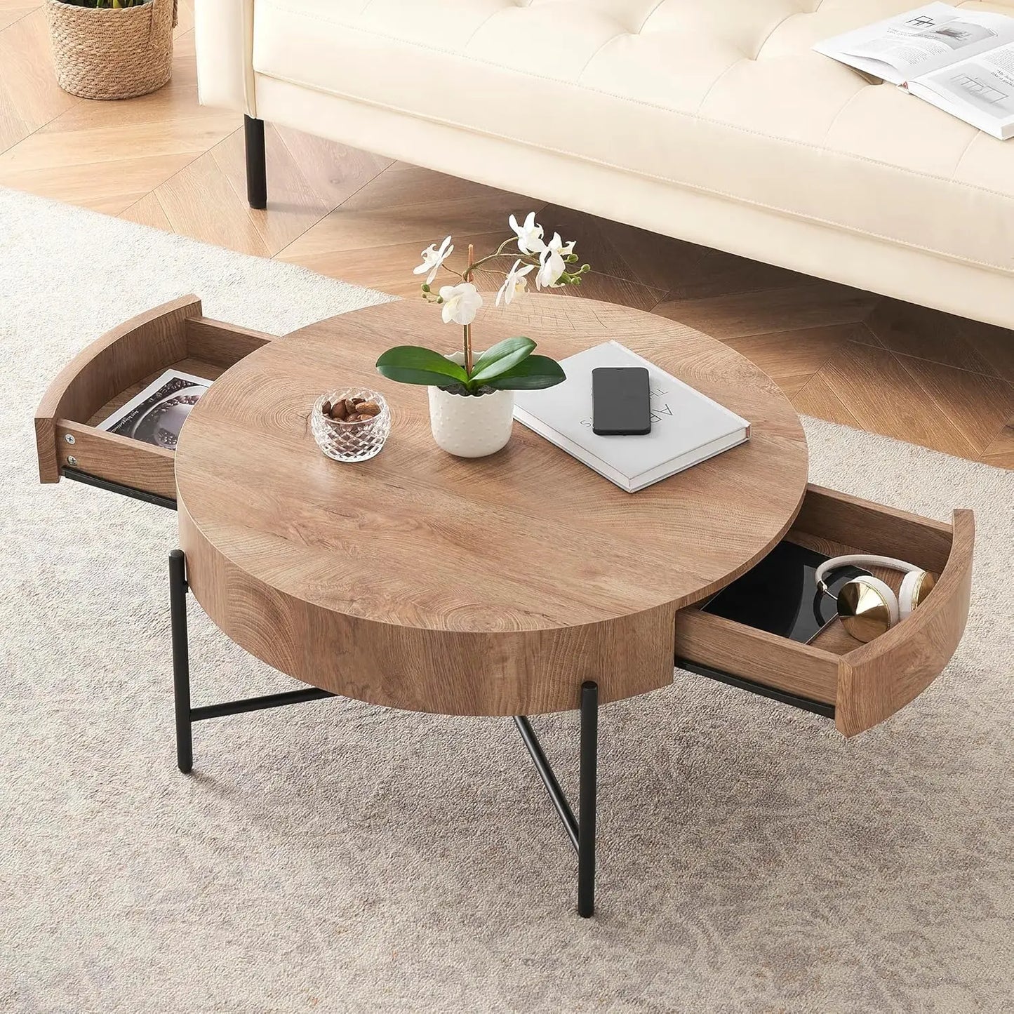 Round Coffee Table With Two Drawers Storage Farmhouse Wood