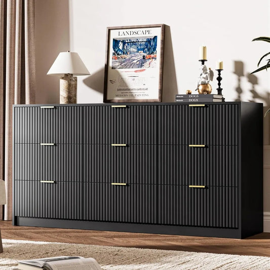 Black Dresser 9 Drawer Modern Chest for Bedroom Living Room