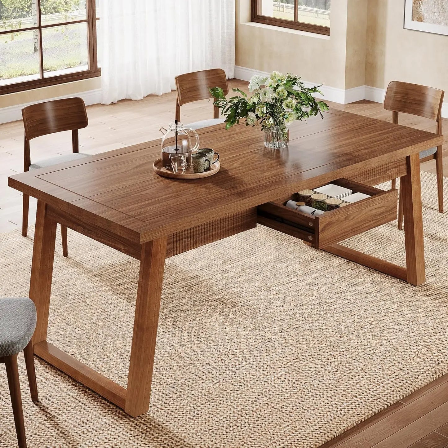 Modern Rectangular Dining Table with Storage Drawer for 4-6 People