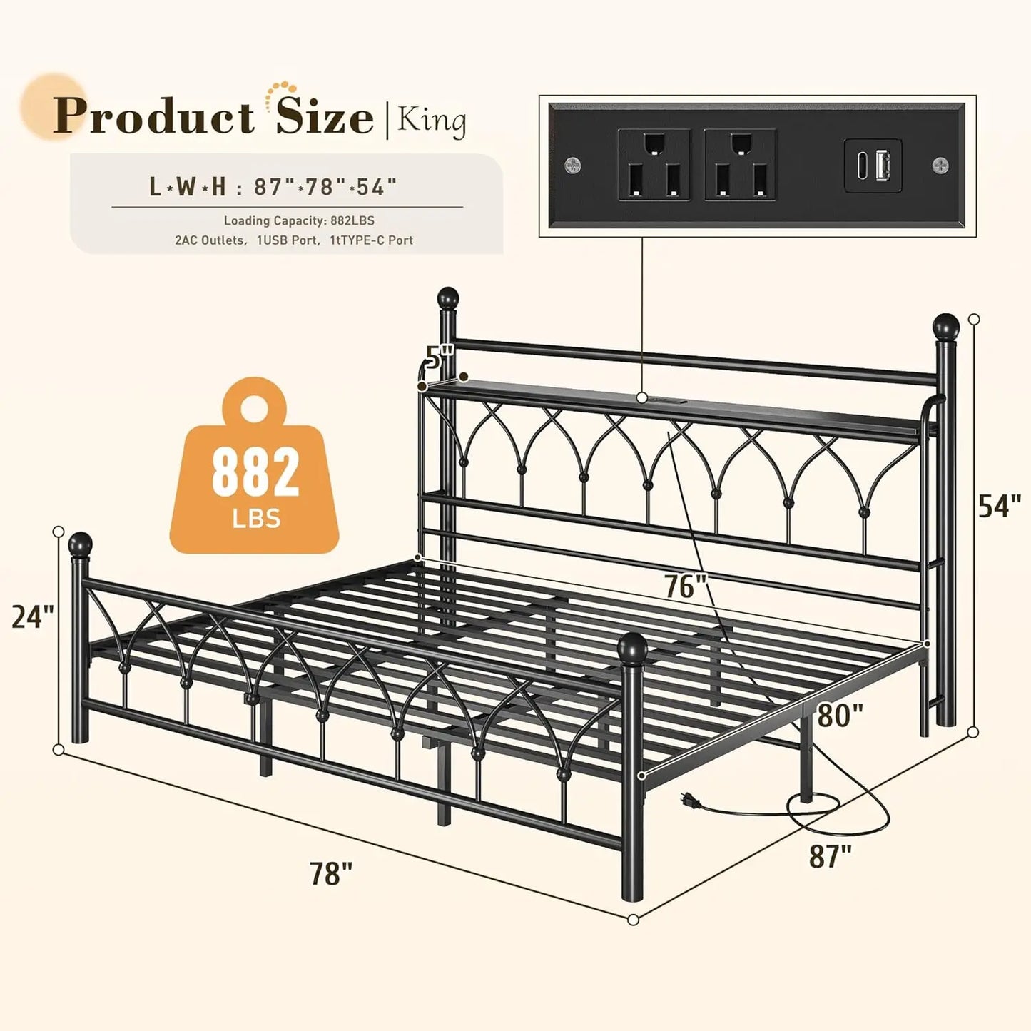 King Size Bed Frame With Headboard LED Lights Power Outlets
