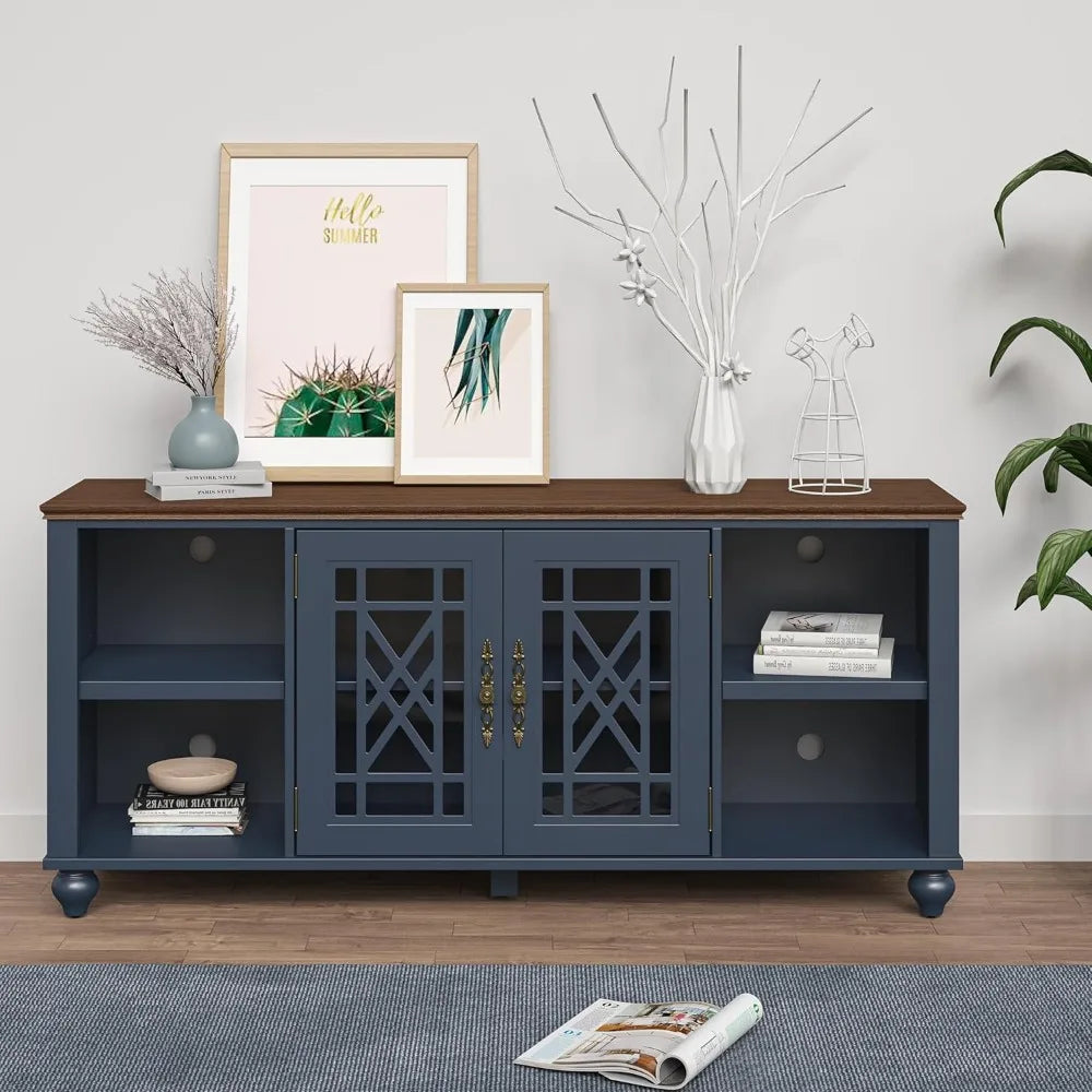 60 Inch Farmhouse TV Stand With Glass Doors And Shelves