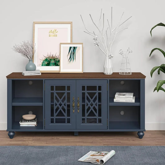 60 Inch Farmhouse TV Stand With Glass Doors And Shelves