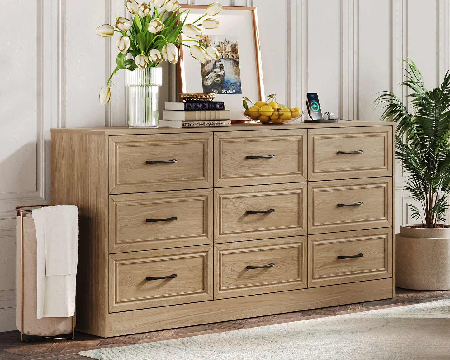 Vabches Wood Dresser For Bedroom 9 Drawers Power Outlet