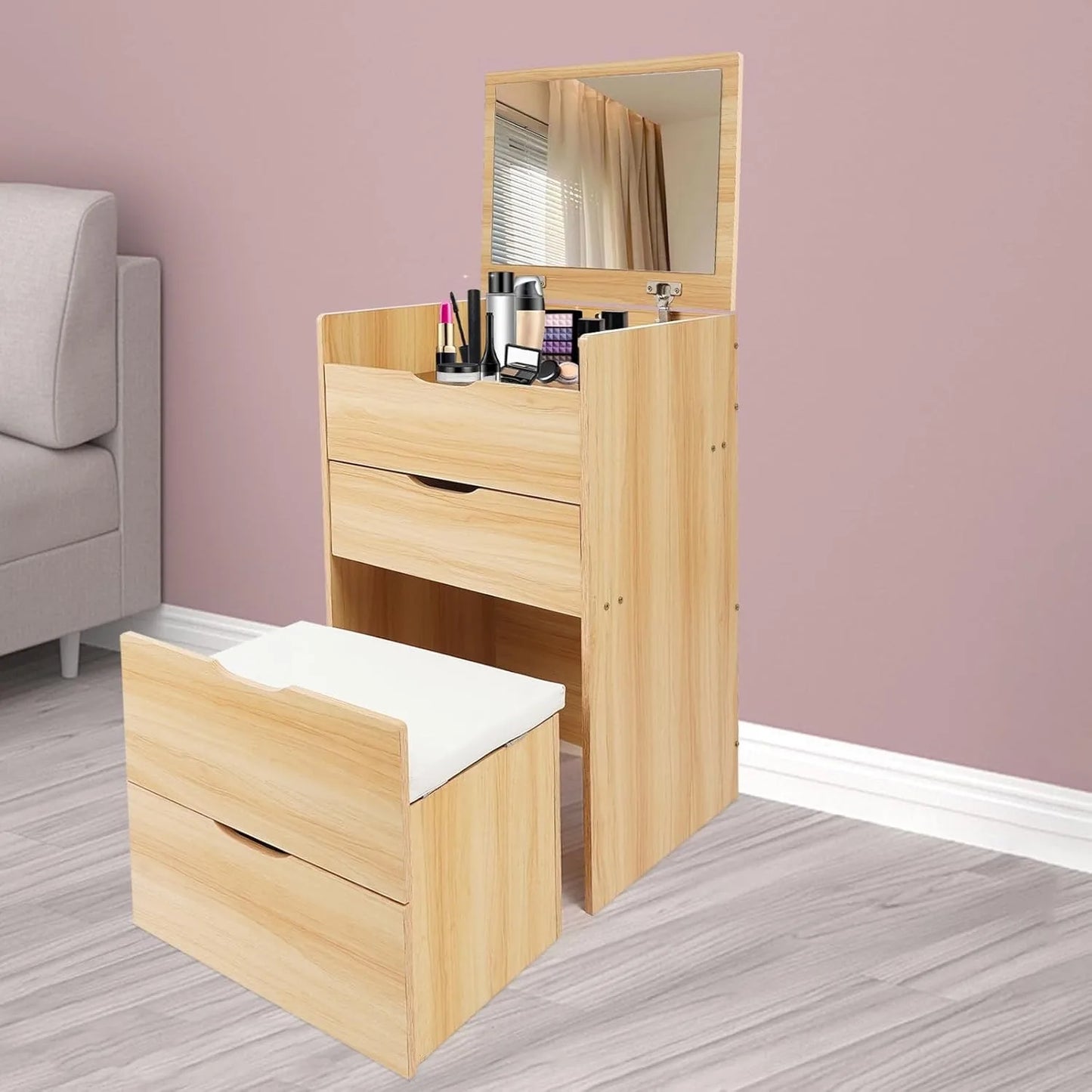 Log Color 3 In 1 Flip Top Vanity Desk With Mirror And Stool