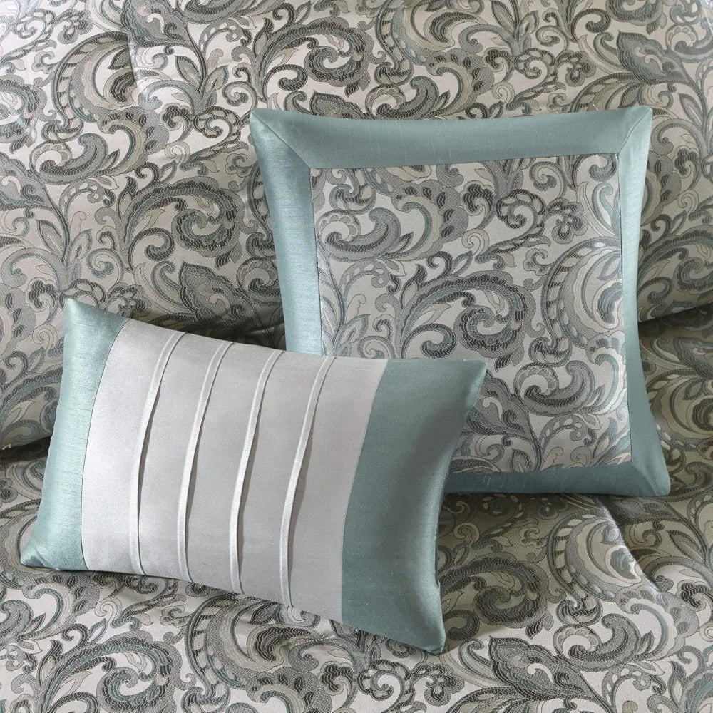 Teal Faux Silk Paisley Queen Comforter Set With Curtains