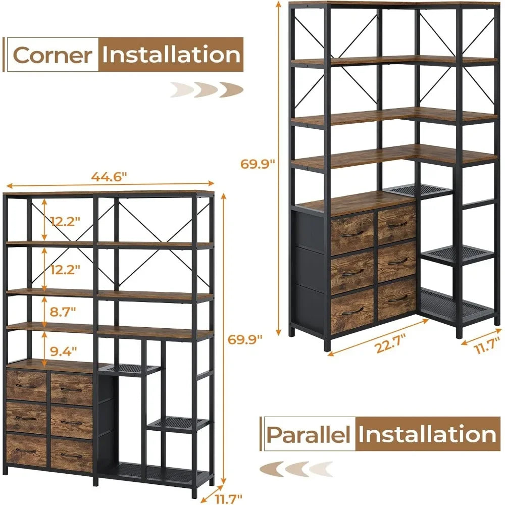 Corner Bookshelf 7 Tier Industrial Convertible Drawers