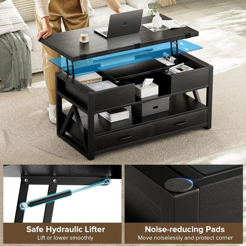 Lift Top Coffee Table Storage Drawers Hidden Compartment