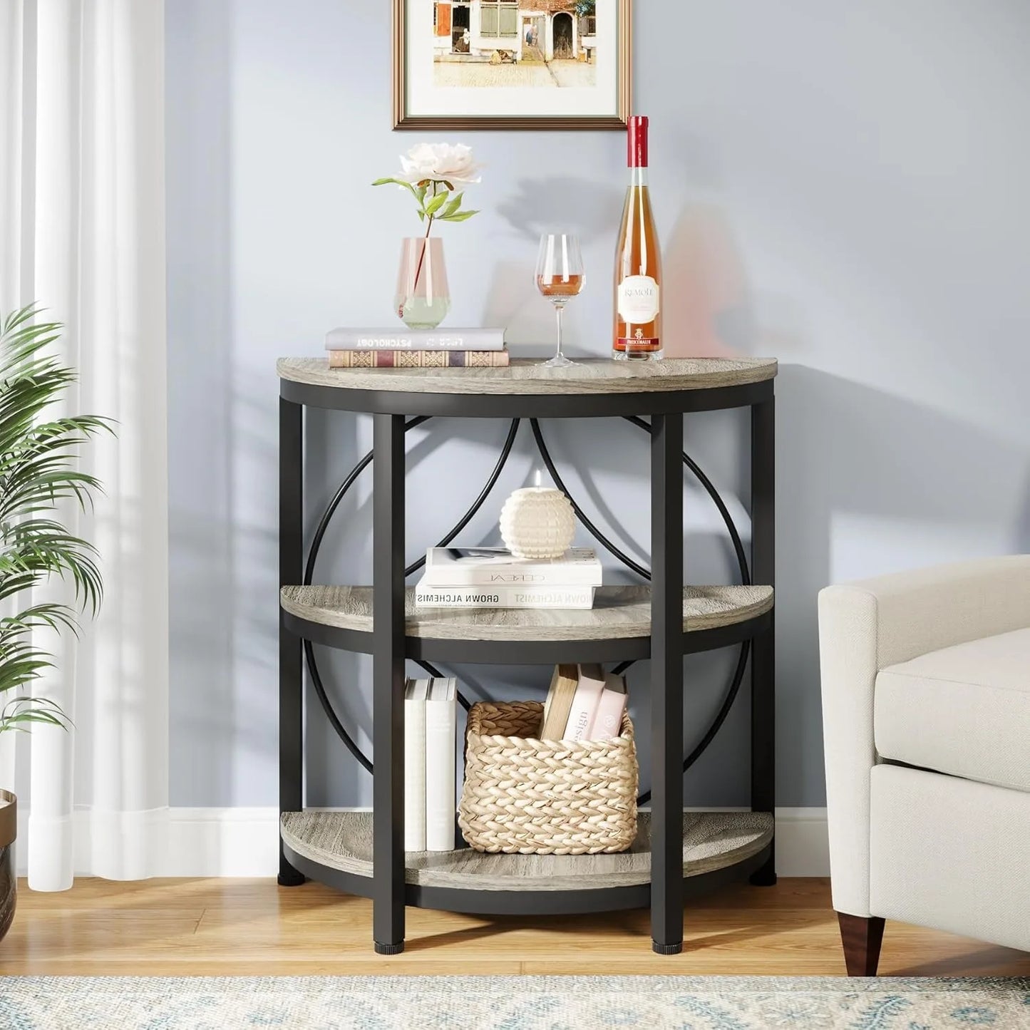 Small Half Round End Table With Shelves And Metal Frame