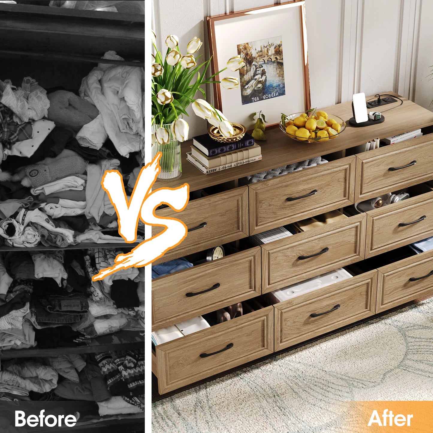 Vabches Wood Dresser For Bedroom 9 Drawers Power Outlet
