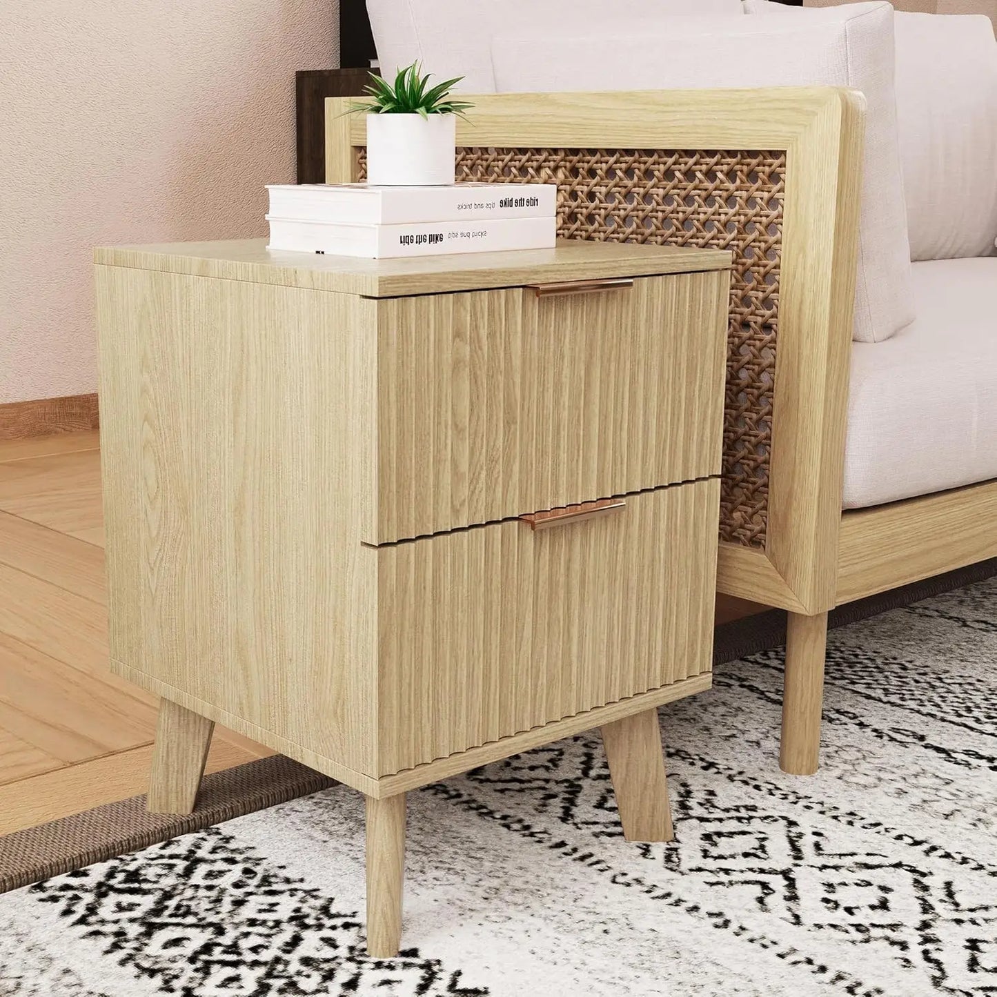 Fluted Nightstand Mid Century Modern Drawer Dresser Bedroom