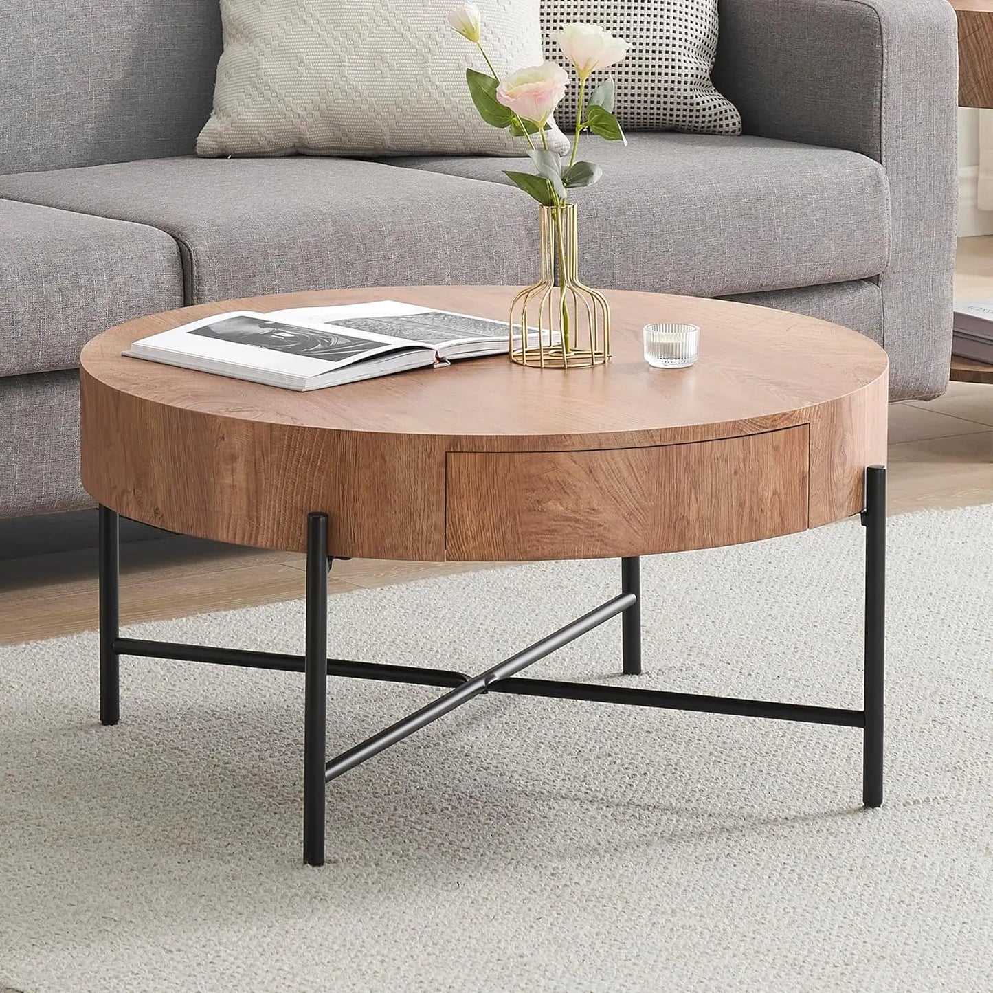 Round Coffee Table With Two Drawers Storage Farmhouse Wood