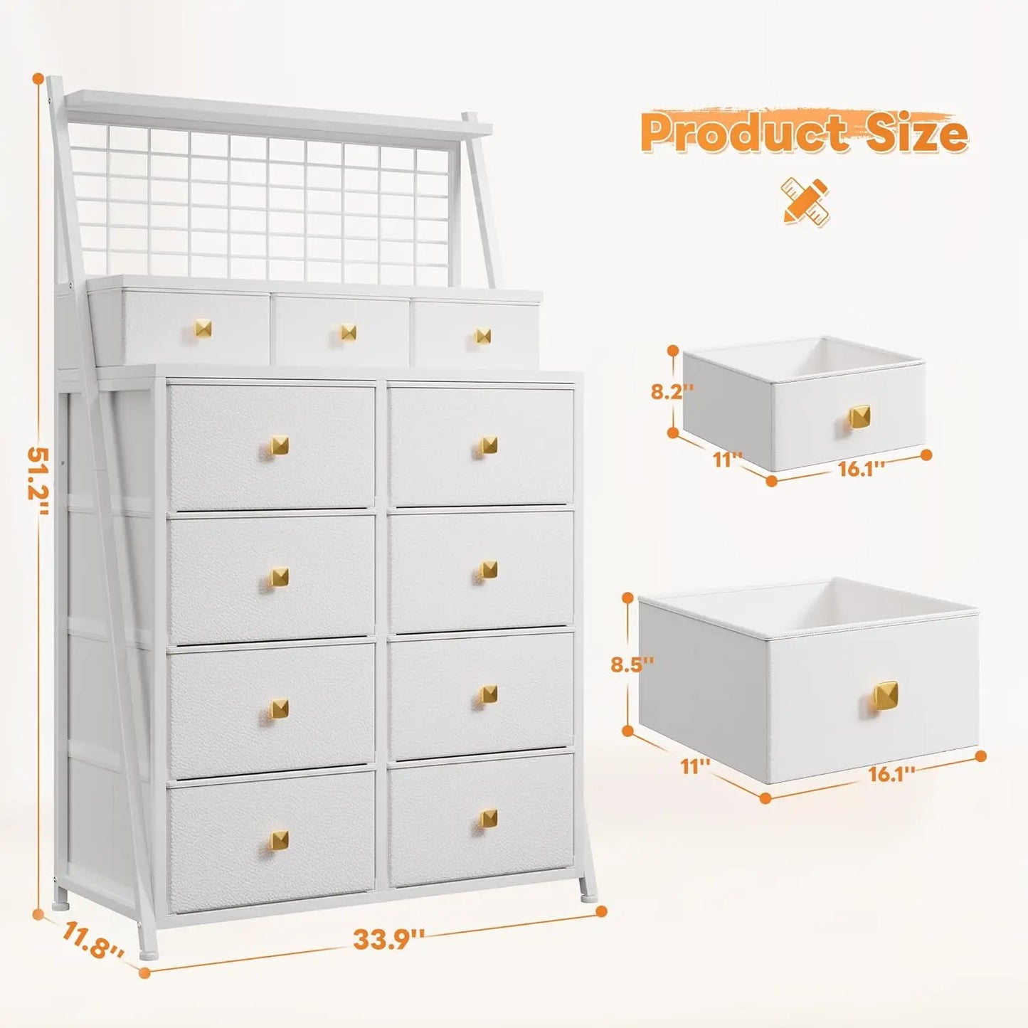 51 Inch Tall Dresser With 11 Fabric Drawers And LED Lights