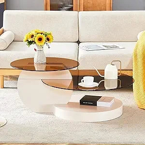 Round Glass Coffee Table Wooden Base Mid Century Modern