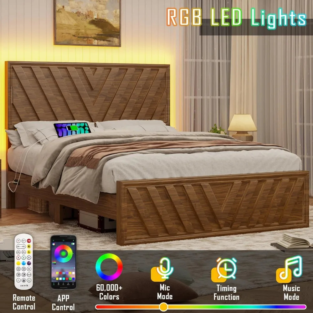 Full Bed With Adjustable Headboard Farmhouse Platform Bed LED Light