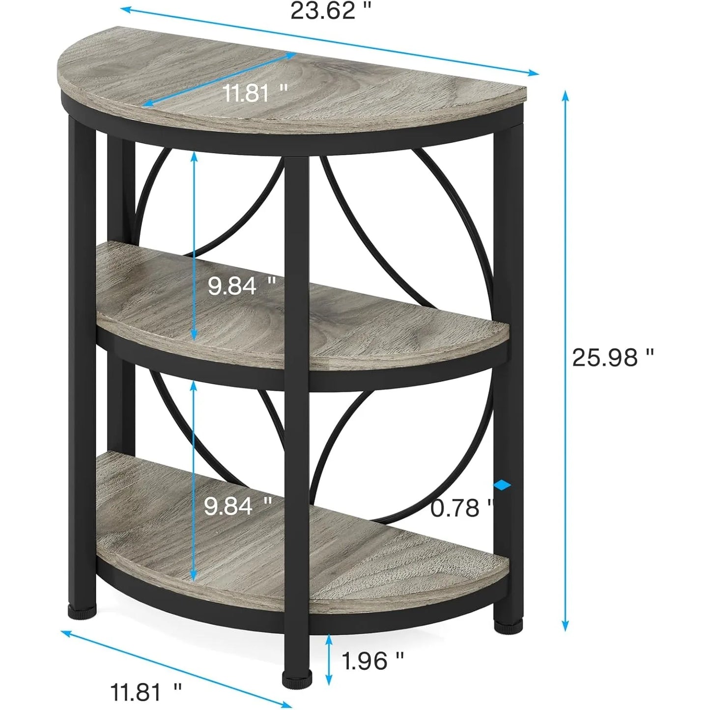 Small Half Round End Table With Shelves And Metal Frame