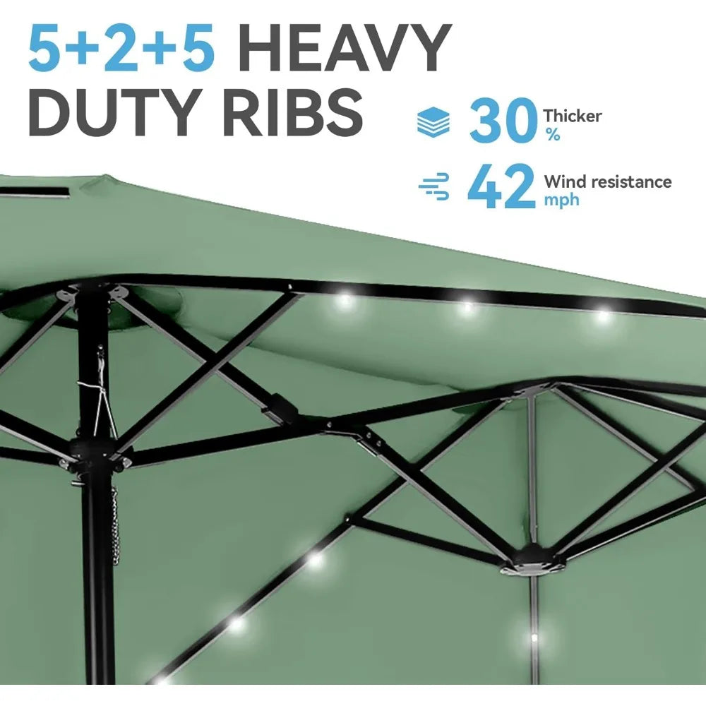 Patio Rectangular Umbrella With Solar Lights And Base