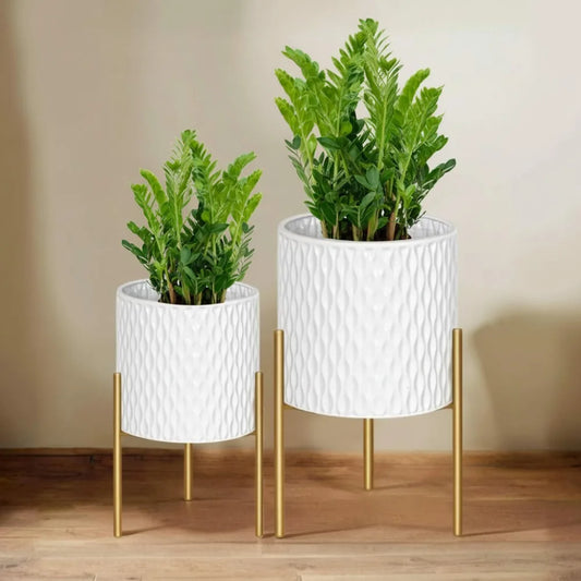 Mid Century Modern Plant Pots Set Of 2 With Stand