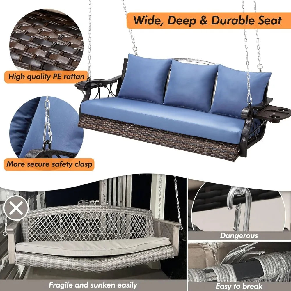 Heavy Duty 900 Pounds Rattan Porch Swing Chair for Three