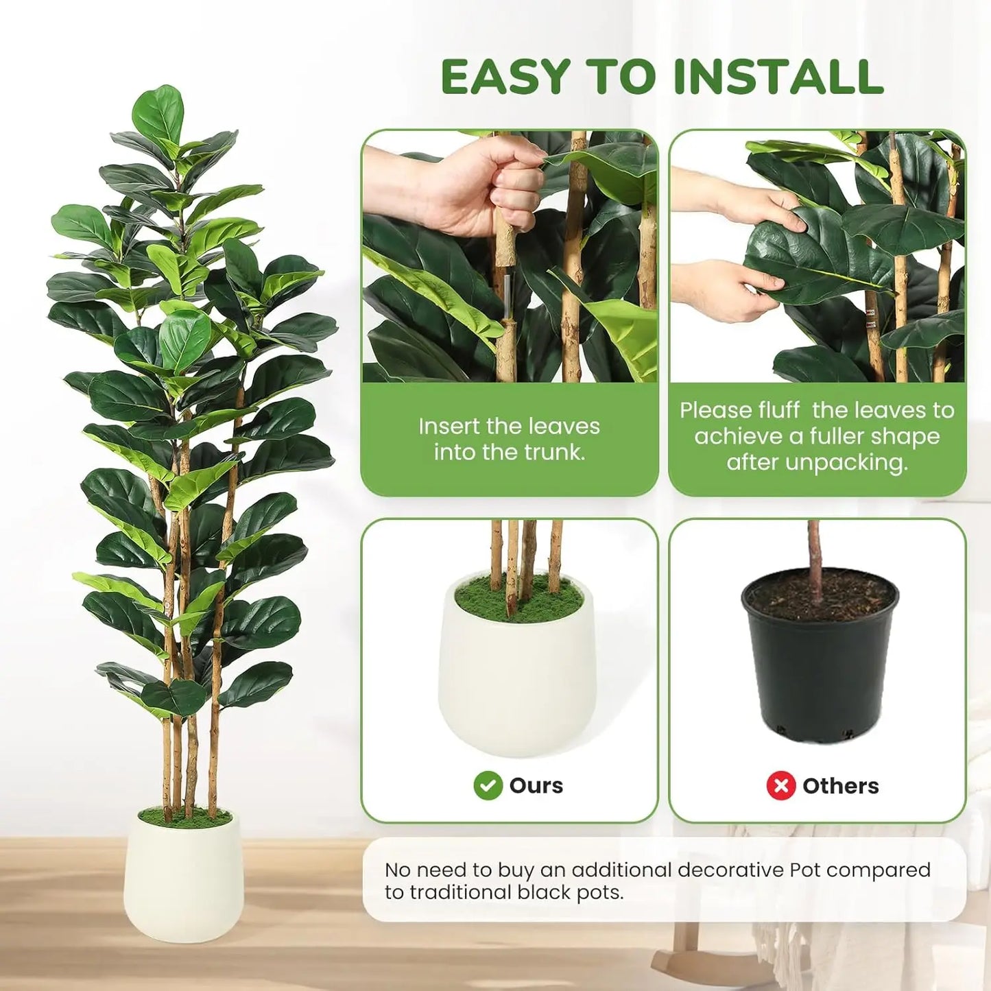 HiMISCN Fiddle Leaf Fig Tree With Pot Fake Greenery Home