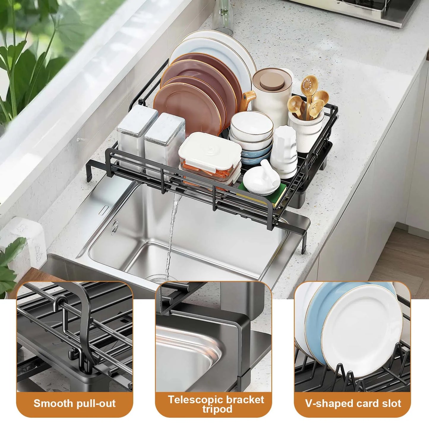 HiMISSH Extendable Dish Drying Rack With Drainboard